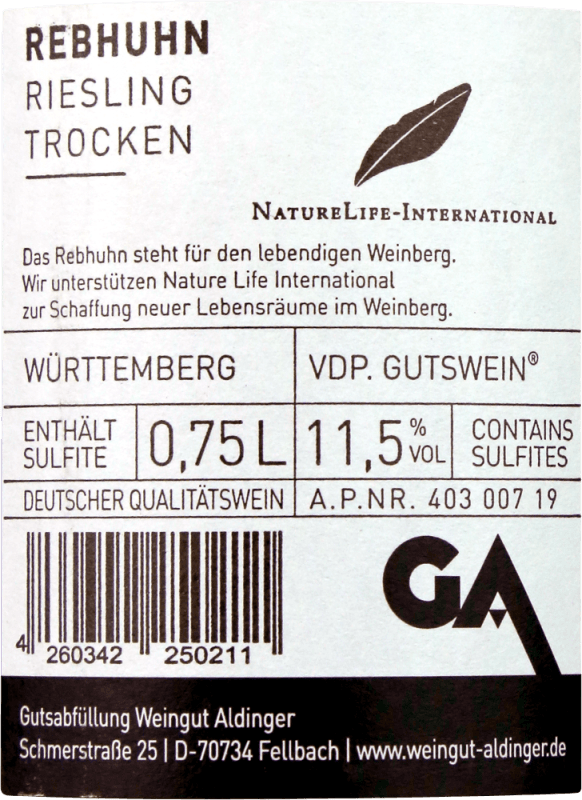vinello Rebhuhn Riesling trocken - Aldinger Kostenloser Versand international