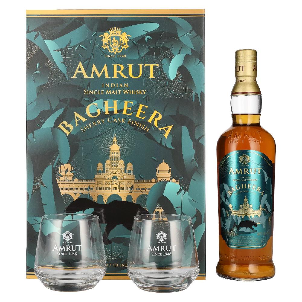 delicando Amrut BAGHEERA Indian Single Malt Whisky Sherry Cask Finish 46% Vol. 0 7l in Geschenkbox mit 2 Gläsern