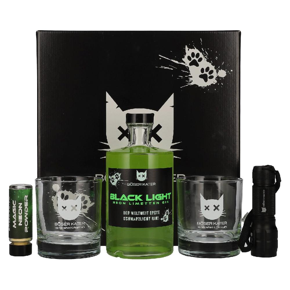delicando BÖSER KATER Black Light Neon Limetten Gin 40% Vol. 0 5l in Geschenkbox mit UV-Taschenlampe & Gläsern